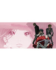 36x16 inches anime desk pad with smoky pink manga face and four suited street-gang troublemakers.
