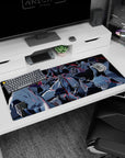 Bleach desk pad 36x16 inches featuring Gotei 13 captains, intense stares and drawn blades, with dynamic blue and red hues.
