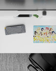 14x10 inches kawaii idol mouse pad in bright lemon and sky-blue, cheerful winks and peace signs.