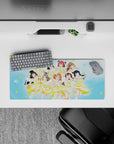Bright sky-blue anime idol mouse pad 28x12 inches, lemon accents, bubbly cheers, happy desk vibe.