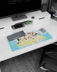 Nine cute anime idols mid-encore on a 28x12 inches mouse pad, winks and peace signs on blue dots.