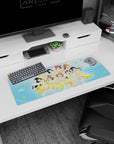 32x12 inches anime mouse pad with nine bubbly idols cheering, winking, and flashing peace signs onstage.