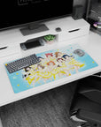 Nine bubbly anime idols mid-encore on mouse pad 32x16 inches, matching ribbons, skirts, flower clips.