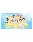 Anime girl mouse pad 32x16 inches with nine idol girls in white-and-lemon stage dresses on blue confetti.