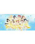 Anime girl desk pad 36x16 inches with nine idol girls in matching lemon-white stage dresses on blue confetti.