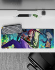 Neon anime desk mat 32x12 inches with hot pink, purple, teal smoke, and glowing green vials.