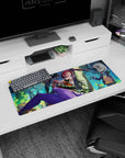Pink-haired bunny warrior flips mid-action on anime mouse pad 32x12 inches, zombies in spooky woods.