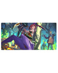 32x16 inches anime girl mouse pad with bunny fighter, neon Halloween backdrop, zombies and teal smoke.