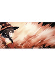 Megumin from Konosuba on a 36x16 inch anime mouse pad, her crimson cloak blending with fiery art, capturing a serene intensity.