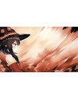 Megumin from Konosuba on a 40x20 inch anime desk pad, her crimson cloak blending into fiery strokes, creating a poetic scene.