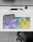 Anime mouse pad 28x12 inches featuring Naruto's Kurama form clashing with Sasuke's Susanoo in a stormy, epic battle.