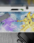 Anime desk pad 40x20 inches featuring Naruto's Kurama vs Sasuke's Susanoo, vibrant colors, dynamic clash in storm.