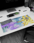 Anime desk pad 36x16 inches featuring Naruto's Kurama and Sasuke's Susanoo, vibrant gold and violet clash in a stormy scene.