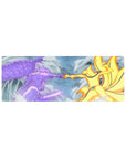 Anime mouse pad 32x12 inches featuring Naruto's Kurama and Sasuke's Susanoo clashing, vibrant gold and violet hues, dynamic.