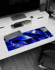 Artistic 32x12 inches mouse pad featuring electric blue, metallic wave design, with purple and pink accents for a futuristic, sophisticated effect.