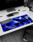 Artistic 36x16 inches mouse pad featuring electric blue, metallic wave design, with purple and pink accents for a bold, futuristic aesthetic.
