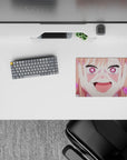 Kawaii anime mouse pad 14x10 inches in sugar pink magenta stripes and neon hearts, bubbly vibe.