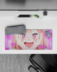 Sugar-pink rom-com vibe mouse pad 28x12 inches in magenta stripes, neon hearts, and bubbly chaos.