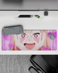 32x12 inches kawaii desk mat in sugar pink chaos, bubbly rom-com vibe with neon hearts and glittery details.