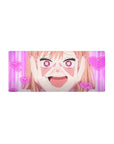 Cute anime girl mouse pad 28x12 inches with heart eyes, peach hair, and neon heart doodle background.