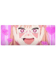 32x12 inches anime girl mouse pad with heart-eye doodles, peach hair, magenta stripes, and neon hearts.