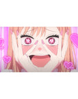 Anime girl desk pad 40x20 inches with heart-eye doodles, magenta stripes, and cute rom-com style.