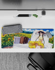 32x12 inches desk mat in warm summer yellows and blues, dreamy sunflower scene with fluffy clouds.
