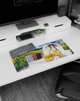 Shy braided anime girl in yellow dress on truck bed with suitcase in sunflower field mouse pad 28x12 inches.