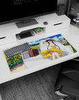 Shy bright-eyed anime girl in straw hat and yellow dress on a truck bed, mouse pad 32x16 inches.