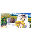 Anime girl mouse pad 32x16 inches with sunflower field, white truck bed, blue sky, and suitcase.