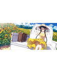 Anime girl desk pad 36x16 inches with sunflower field, white truck bed, suitcase, blue sky backdrop.