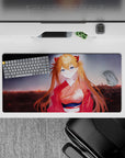Asuka from Evangelion stands against a dusky skyline on a 32x16 inches anime mouse pad, wearing a crimson kimono.