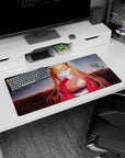 Anime mouse pad 32x16 inches featuring Asuka from Evangelion in a crimson kimono against a dusky skyline with florals.