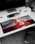 Asuka from Evangelion in crimson kimono on a 36x16 inch desk pad; cityscape blends reds and blues, evoking nostalgia.