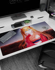 Anime desk pad 40x20 inches featuring Asuka from Evangelion in a crimson kimono against a dusky skyline.