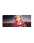 Anime mouse pad featuring Asuka from Evangelion, 28x12 inches. Crimson kimono flows in a dusky skyline, evoking nostalgia.