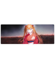 Asuka from Evangelion on 32x12 inch anime mouse pad, wearing a crimson kimono with floral details against a dusky skyline.