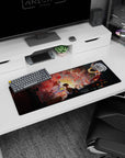 Anime mouse pad 32x12 inches featuring a lone figure painting amidst mystical demons and gods, surrounded by ancient, electric ambiance.