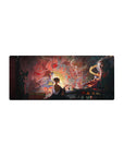 Anime mouse pad 28x12 inches with a mystical scene of a figure painting beside lamplight, surrounded by demons and gods.