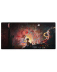 Dark mystical anime mouse pad, 32x16 inches, featuring a lone artist amidst swirling demons and gods in crimson brushstrokes.