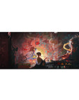 Anime desk pad 36x16 inches featuring a lone figure painting by lamplight, surrounded by mystical yokai and ancient battles.