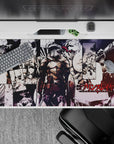 Dark fantasy desk pad 40x20 inches in black, bone-white, and blood-red late-night hunt mood.