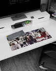 Steel-armored Goblin Slayer with fur-trimmed collar and visor down on mouse pad 28x12 inches.