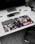 Goblin Slayer in heavy armor with visor down, dramatic shadows over manga panels, mouse pad 32x16 inches.