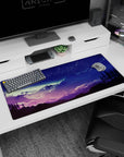 Cosmic 36x16 anime desk mat with starry night hues cascading over dreamy mountains for a tranquil and magical workspace design