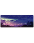 Starry night 32x12 mouse pad featuring deep purple and blue hues cascading over dreamy mountains for a tranquil cosmic touch