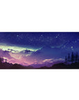 Starry night 36x16 desk pad with deep purple and blue hues flowing over dreamy mountains, bringing peaceful cosmic wonder to your desk