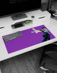 32x16 inches anime mouse pad showing black-haired student mid-stride, arm outstretched, bold two-finger pose.
