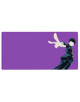32x16 inches anime mouse pad with purple backdrop and dynamic uniformed student pose, modern minimalist art.
