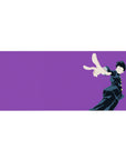 36x16 inches anime desk pad with purple backdrop and minimalist kinetic student pose for gaming and work.